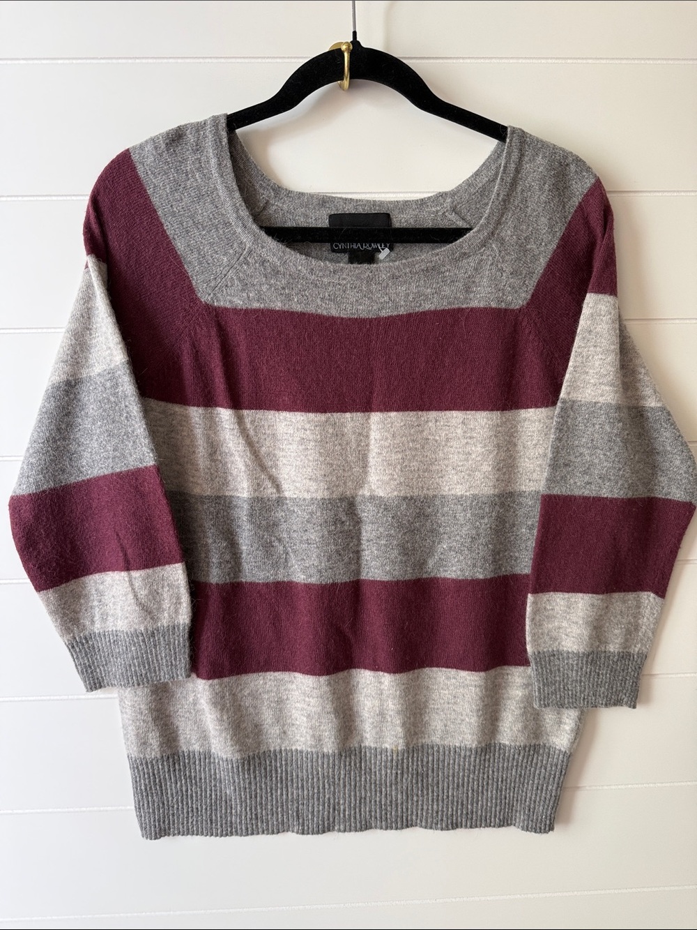 Cynthia Rowley Gray and Burgundy Striped Scoopneck Sweater